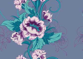 Elegant floral pattern with purple and teal blossoms on a muted background