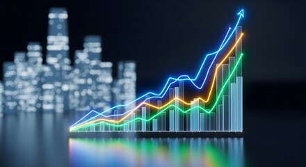 Neon glowing upward bar chart and multiple lines overlaid on a blurred modern city skyline, symbolizing financial growth and successful business progress
