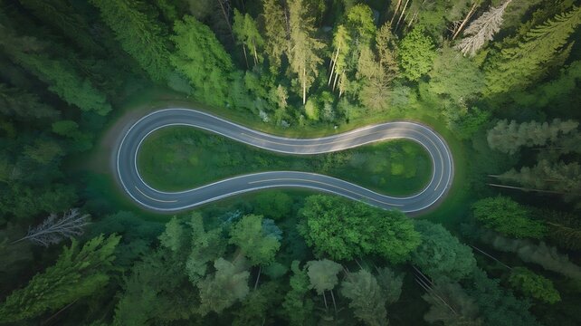 Aerial view winding infinity road through verdant green forest canopy. - Powered by Adobe