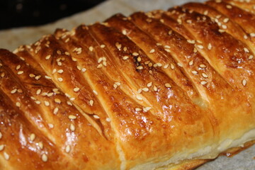 Freshly baked pastry with sesame seeds on top cut into slices placed on a baking tray