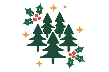 Christmas Pine Trees and Holly Berries Vector Illustration