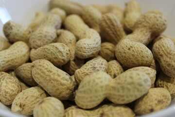 Peanuts in a white bowl ready for consumption at a casual gathering or snack time