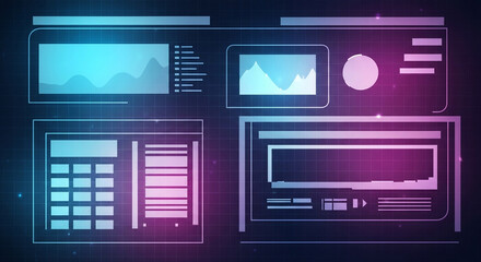Vibrant Neon Blue and Pink Futuristic UI Dashboard with Data Visualizations.