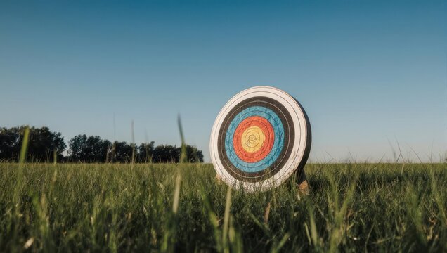 Archery target in a field under a clear blue sky.