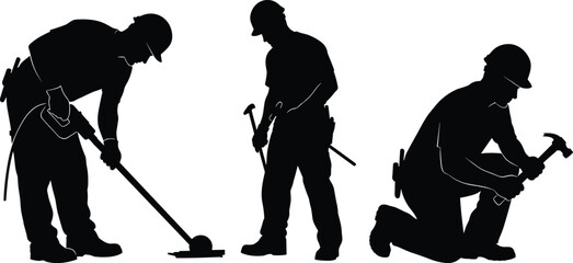 Silhouette construction workers using tools, performing building tasks, manual labor, carpentry, teamwork and industrial craftsmanship on job site in safety gear