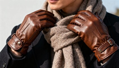 Close up of man wearing brown leather gloves and beige wool scarf. Winter fashion outfit details