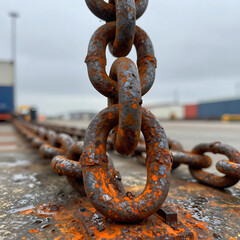 Industrial Texture of Corroded Steel Chain Against Cold Grey Sky