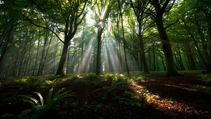 Fototapeta premium Forest sunlight streaming through trees onto ferns 