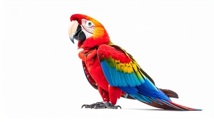 Fototapeta premium Single parrot perched on white background, vibrant feathers, clean studio look.