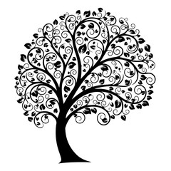 Stylized black silhouette of a tree with ornate swirling branches and leaves