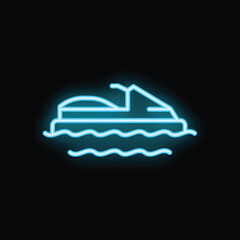 Blue neon icon of a jet ski sailing on stylized water waves, on a black background