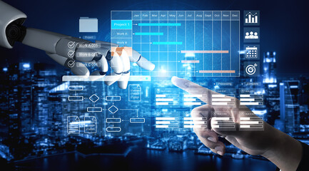 AI analyzing project schedules, predicting delays, and suggesting workflow improvements through...