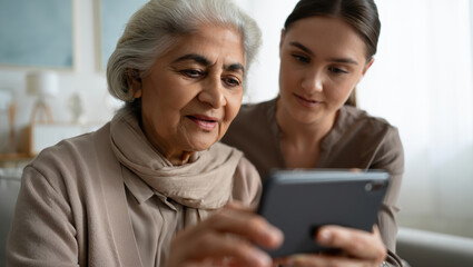 Dignified elderly woman with silver hair using a smartphone with caregiver