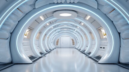 Illuminated white futuristic corridor stretches toward a distant closed doorway