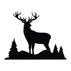 Majestic Red Deer Stag with Large Antlers Standing in Forest Landscape Silhouette, Vector Design