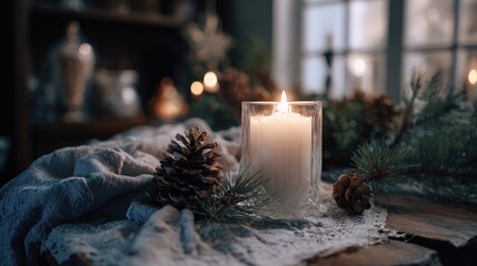 Illuminated candle rests beside pinecones on a rustic table setting indoors