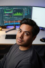 Fototapeta premium Calm software engineer at multi-monitor desk with data visualizations and focus
