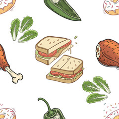 Seamless food pattern with sandwiches vegetables and chicken on transparent background.