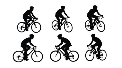 Obraz premium Collection of five distinct black silhouette vector graphics depicting cyclists riding road bikes in various dynamic poses