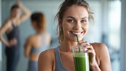 Fit young woman sipping green smoothie in gym, smiling with tousled hair
