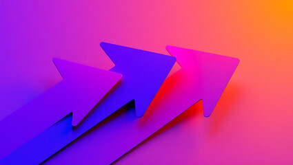 Three vibrant neon arrows pointing upwards in a gradient of purple pink and orange symbolizing growth progress success and forward momentum in a modern abstract design