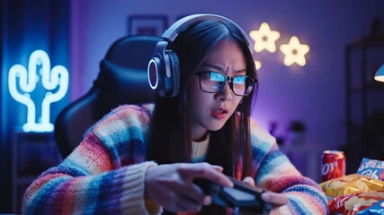 Young girl intensely playing video games with headphones on.