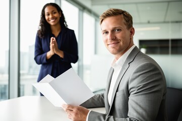 Man receiving a job promotion letter while a colleague applauds in modern office