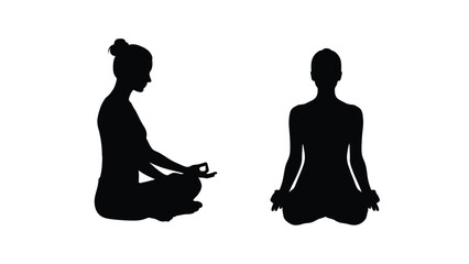 Two black silhouettes of women practicing meditation in the lotus position demonstrating mindfulness and inner peace