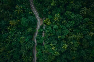 aerial view of a lush green forest with a serpentine road