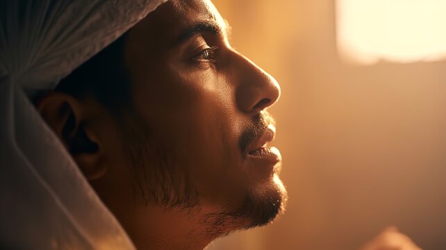 Man in traditional headwear looking up with a contemplative expression bathed in warm golden light.