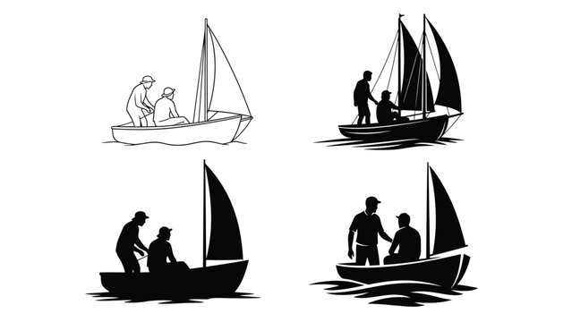 Collection of four sailboat icons featuring fishermen or sailors in various line art and silhouette styles on water