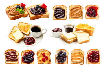 Slices of toast with different toppings like fresh berries, smooth peanut butter, and strawberry jam isolated on white transparent background. Concept of breakfast variety