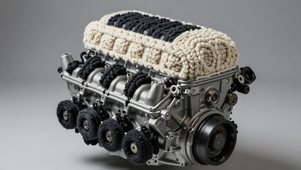 Surreal V8 Car Engine Made Entirely of Wool Yarn and Crochet