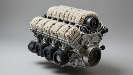 Textile Art Concept of Soft Knitted Auto Engine with Silk Grease