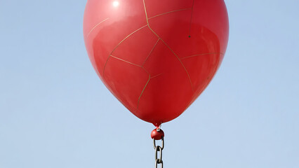 Red Ceramic Balloon with Gold Kintsugi Cracks Held by Iron Chain
