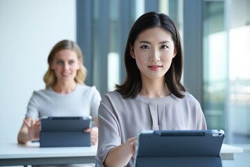Woman using a tablet AI assistant in a modern office classroom setting