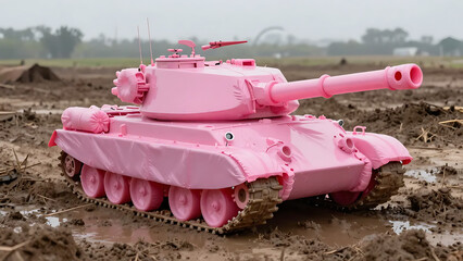 Pink Inflatable Balloon Tank on Muddy Battlefield Contrast