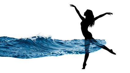 Double Exposure Silhouette of Dancer Filled with Ocean Waves