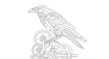 Steampunk Raven Perched on Gears Line Art Illustration