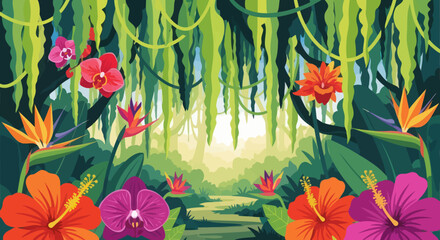 Vibrant tropical jungle path with exotic flowers and lush green foliage. © TDF CREATIVE