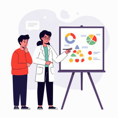 A doctor explains a health and nutrition chart with fruit icons to a thoughtful young man.