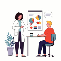 Doctor explains nutrition chart to patient during a health consultation in an office setting.