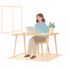 Young Woman Working on Laptop at Home Office Illustration