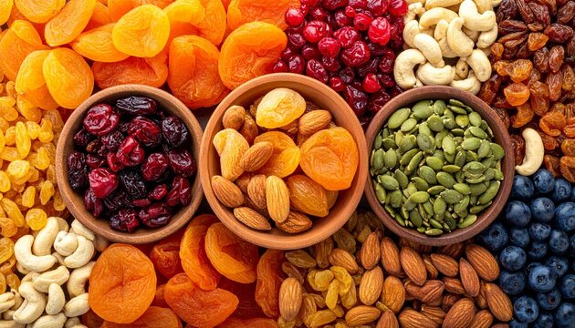 Assorted dried fruits and nuts in wooden bowls on white surface. - Powered by Adobe