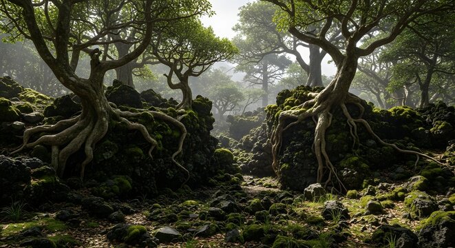 Ancient trees stand tall in a mystical forest, their roots intertwining with mossy rocks, surrounded by lush greenery and a serene atmosphere.