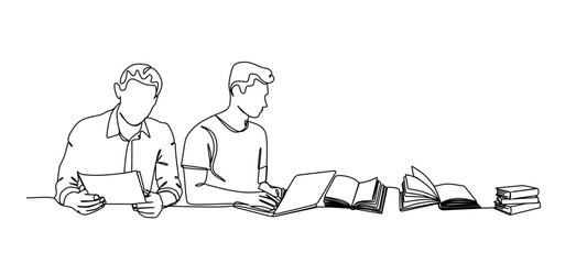 Continuous single line drawing of a young man and woman looking at a laptop screen, writing and reading line art vector illustration