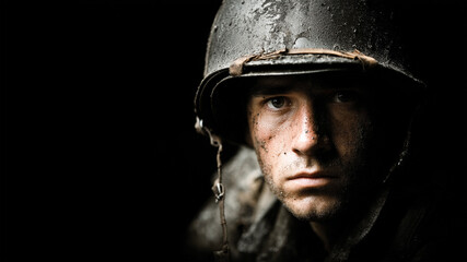 暗闇に佇む泥にまみれた兵士のポートレート