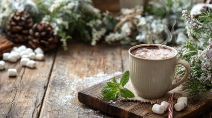 A warm cup of hot chocolate sits on a wooden board, surrounded by pinecones, marshmallows, and sprigs of mint, evoking a cozy winter atmosphere.