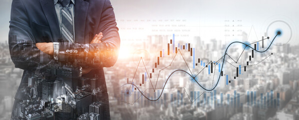 A confident business professional stands with arms crossed, observing a dynamic financial graph overlaying a bustling city skyline, symbolizing growth and opportunity. Scalp