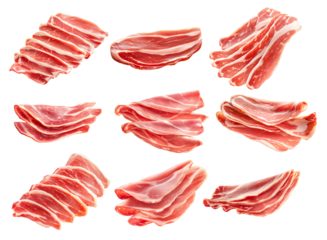 Jamon Iberico cured ham slices with marbled texture, isolated on white transparent background. Concept of cured meats.